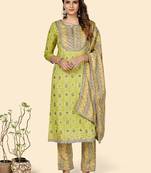 Printed & Gota Patti Work Straight Rayon Parrot Green Stitched Kurta Pant With Dupatta