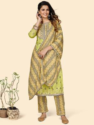 Printed & Gota Patti Work Straight Rayon Parrot Green Stitched Kurta Pant With Dupatta 2