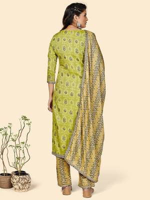 Printed & Gota Patti Work Straight Rayon Parrot Green Stitched Kurta Pant With Dupatta 3