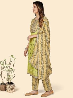 Printed & Gota Patti Work Straight Rayon Parrot Green Stitched Kurta Pant With Dupatta 4