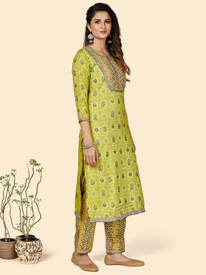 Printed & Gota Patti Work Straight Rayon Parrot Green Stitched Kurta Pant With Dupatta 5