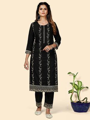 Embroidered Straight Cotton Black Stitched Kurta With Pant 1
