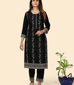Embroidered Straight Cotton Black Stitched Kurta With Pant