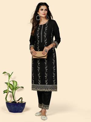 Embroidered Straight Cotton Black Stitched Kurta With Pant 2