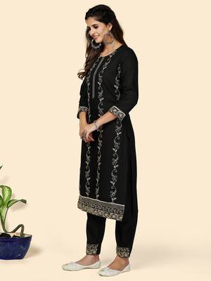 Embroidered Straight Cotton Black Stitched Kurta With Pant 4