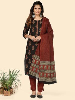 Printed & Sequience Work Straight Cotton Black Stitched Kurta Pant With Dupatta 1