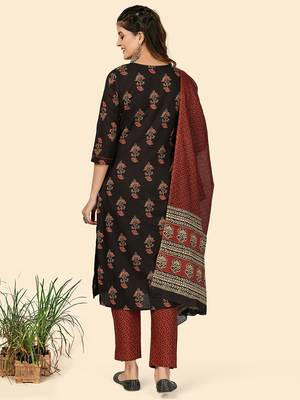 Printed & Sequience Work Straight Cotton Black Stitched Kurta Pant With Dupatta 2