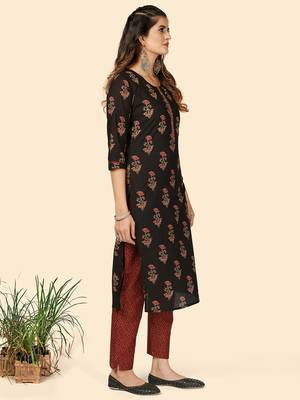 Printed & Sequience Work Straight Cotton Black Stitched Kurta Pant With Dupatta 4