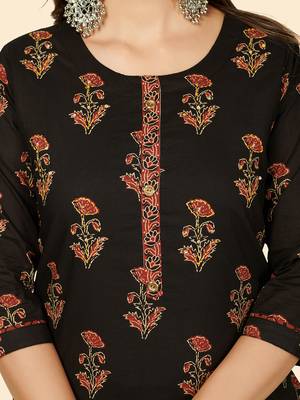 Printed & Sequience Work Straight Cotton Black Stitched Kurta Pant With Dupatta 5