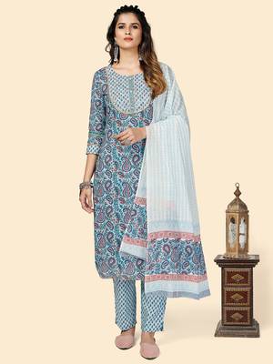 Printed & Embroidered Straight Cotton Blue Stitched Kurta Pant With Dupatta 1