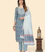 Printed & Embroidered Straight Cotton Blue Stitched Kurta Pant With Dupatta