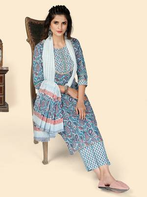Printed & Embroidered Straight Cotton Blue Stitched Kurta Pant With Dupatta 2