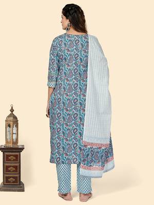 Printed & Embroidered Straight Cotton Blue Stitched Kurta Pant With Dupatta 3