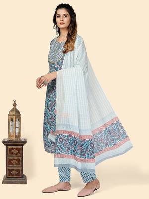 Printed & Embroidered Straight Cotton Blue Stitched Kurta Pant With Dupatta 4