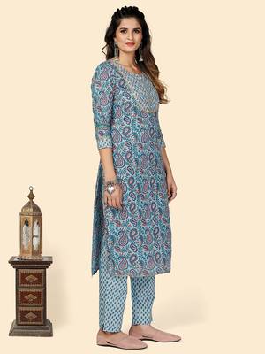 Printed & Embroidered Straight Cotton Blue Stitched Kurta Pant With Dupatta 5