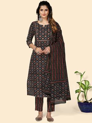 Printed & Gota Patti Work Straight Cotton Black Stitched Kurta Pant With Dupatta 1