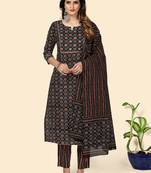 Printed & Gota Patti Work Straight Cotton Black Stitched Kurta Pant With Dupatta