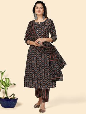 Printed & Gota Patti Work Straight Cotton Black Stitched Kurta Pant With Dupatta 2