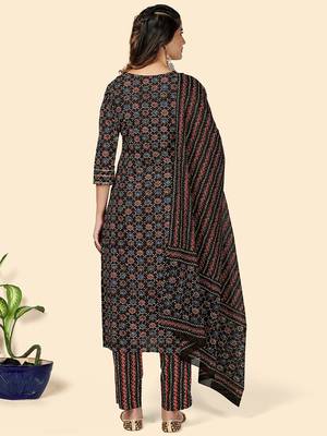 Printed & Gota Patti Work Straight Cotton Black Stitched Kurta Pant With Dupatta 3