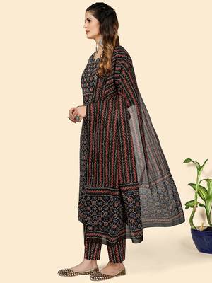 Printed & Gota Patti Work Straight Cotton Black Stitched Kurta Pant With Dupatta 4