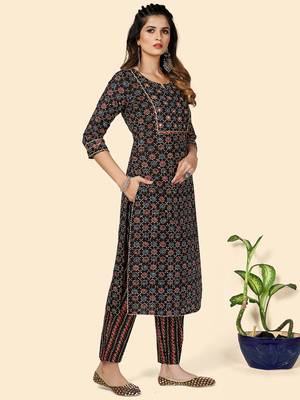 Printed & Gota Patti Work Straight Cotton Black Stitched Kurta Pant With Dupatta 5