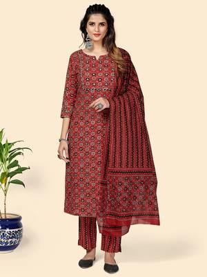 Printed & Gota Patti Work Straight Cotton Red Stitched Kurta Pant With Dupatta 1