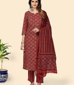 Printed & Gota Patti Work Straight Cotton Red Stitched Kurta Pant With Dupatta