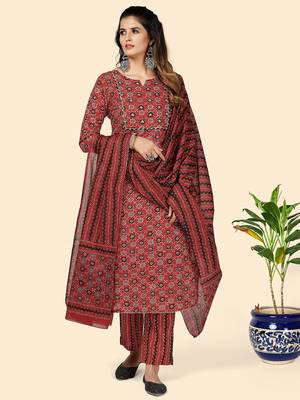 Printed & Gota Patti Work Straight Cotton Red Stitched Kurta Pant With Dupatta 2