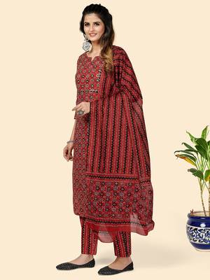 Printed & Gota Patti Work Straight Cotton Red Stitched Kurta Pant With Dupatta 4