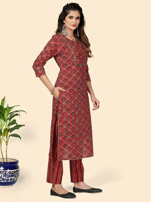Printed & Gota Patti Work Straight Cotton Red Stitched Kurta Pant With Dupatta 5