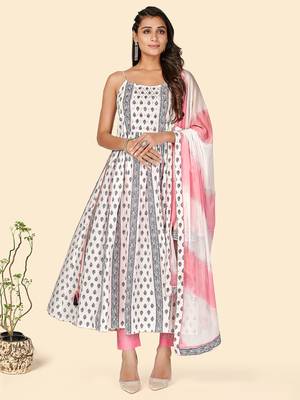 Print & Mirror Anarkali Cotton White Stitched Kurta Pant With Dupatta 1