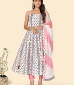 Print & Mirror Anarkali Cotton White Stitched Kurta Pant With Dupatta
