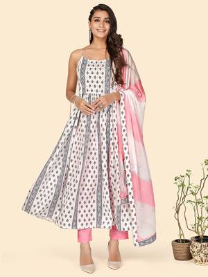 Print & Mirror Anarkali Cotton White Stitched Kurta Pant With Dupatta 2