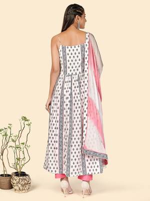 Print & Mirror Anarkali Cotton White Stitched Kurta Pant With Dupatta 3