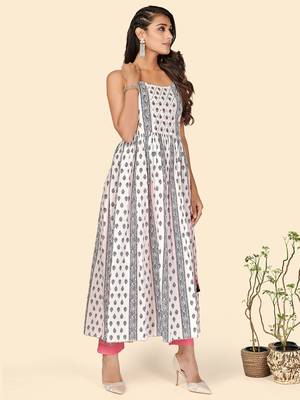 Print & Mirror Anarkali Cotton White Stitched Kurta Pant With Dupatta 4