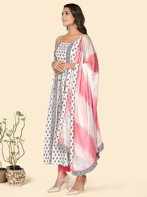 Print & Mirror Anarkali Cotton White Stitched Kurta Pant With Dupatta 5