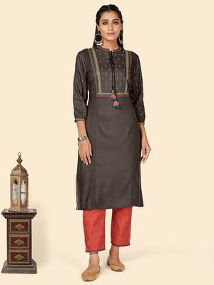 Embroidered Straight Rayon Grey Stitched Kurta With Pant 1