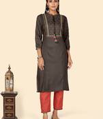 Embroidered Straight Rayon Grey Stitched Kurta With Pant