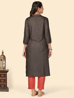 Embroidered Straight Rayon Grey Stitched Kurta With Pant 3