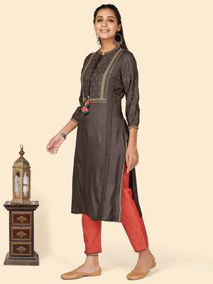 Embroidered Straight Rayon Grey Stitched Kurta With Pant 4