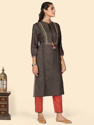 Embroidered Straight Rayon Grey Stitched Kurta With Pant 5