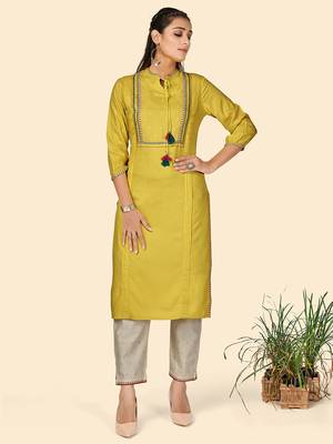 Embroidered Straight Rayon Lemon Stitched Kurta With Pant 1