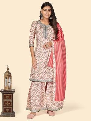 Print & Gota Patti Straight Muslin Pink Stitched Kurta Sharara With Dupatta 1