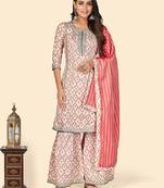 Print & Gota Patti Straight Muslin Pink Stitched Kurta Sharara With Dupatta