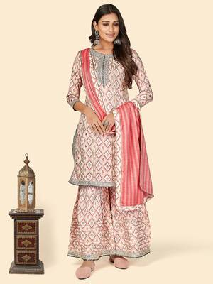 Print & Gota Patti Straight Muslin Pink Stitched Kurta Sharara With Dupatta 2