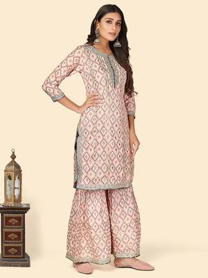 Print & Gota Patti Straight Muslin Pink Stitched Kurta Sharara With Dupatta 5