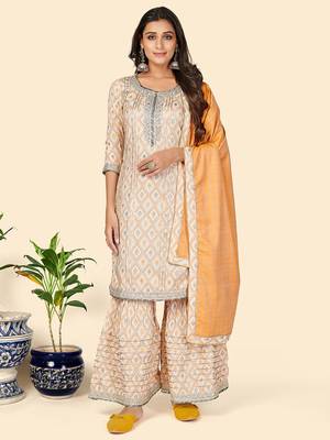 Print & Gota Patti Straight Muslin Yellow Stitched Kurta Sharara With Dupatta 1