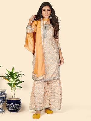 Print & Gota Patti Straight Muslin Yellow Stitched Kurta Sharara With Dupatta 2
