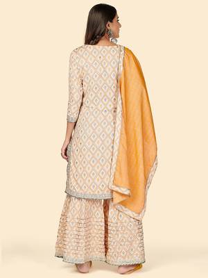 Print & Gota Patti Straight Muslin Yellow Stitched Kurta Sharara With Dupatta 3