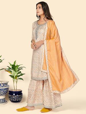 Print & Gota Patti Straight Muslin Yellow Stitched Kurta Sharara With Dupatta 4